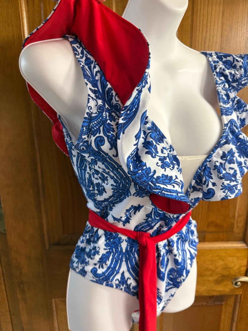 Blue & Red Ruffle One-Piece Swimsuit - Picture 4 of 6